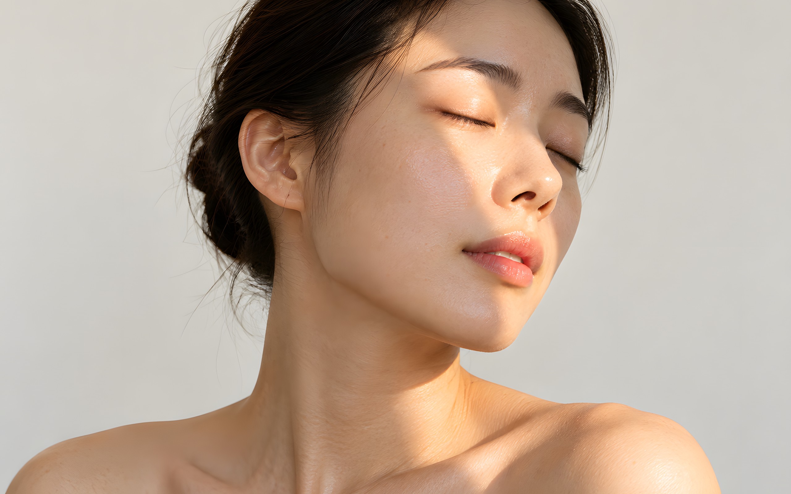 창으로 든 아침 햇빛이 비치는 맑은 피부